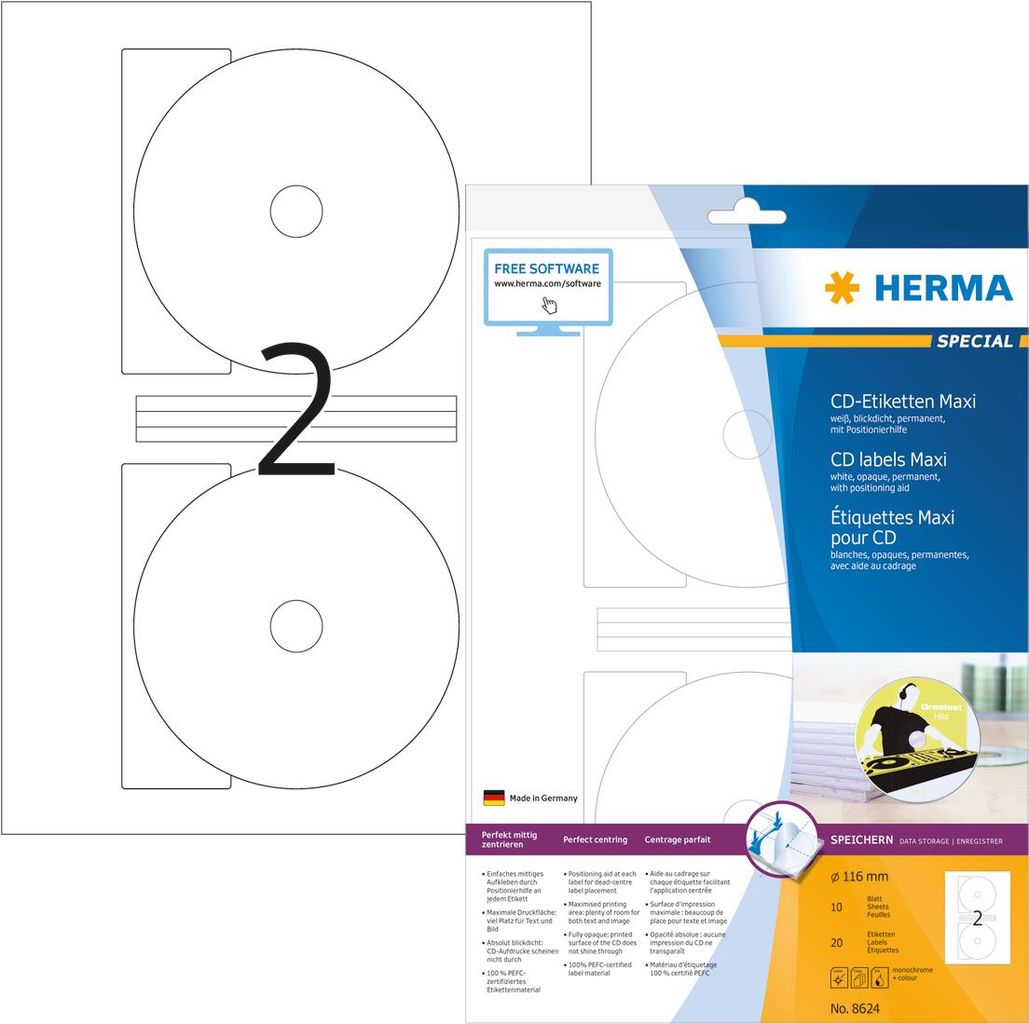 HERMA CD-Etiketten Maxi A4 Ø 116 mm weiß Papier matt blickdicht 20 St. (8624)