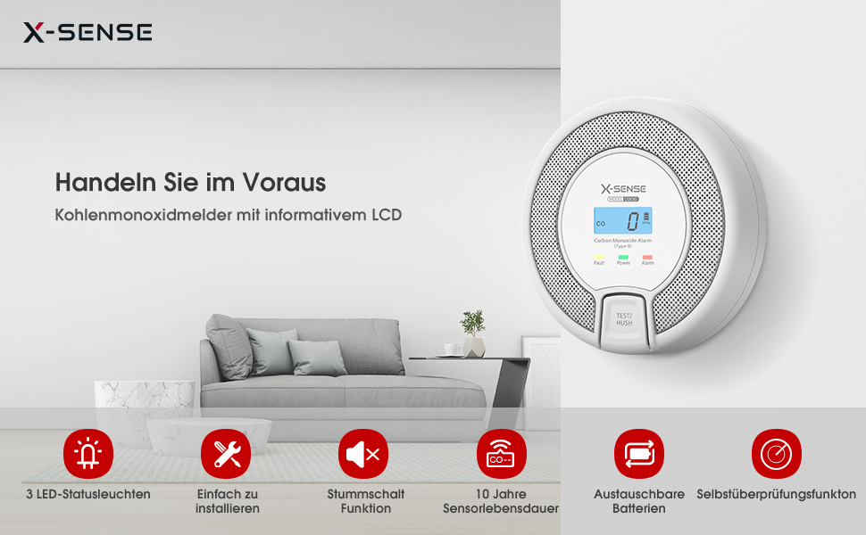 X-Sense CO3D Kohlenmonoxid-Melder Kabelgebunden 85 dB Lithium Weiß Grau