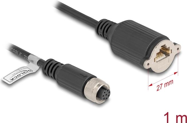 Delock M12 Kabel A-kodiert 8 Pin Buchse zu RJ45 zum Einbau Cat.5e FTP 1m (80433)