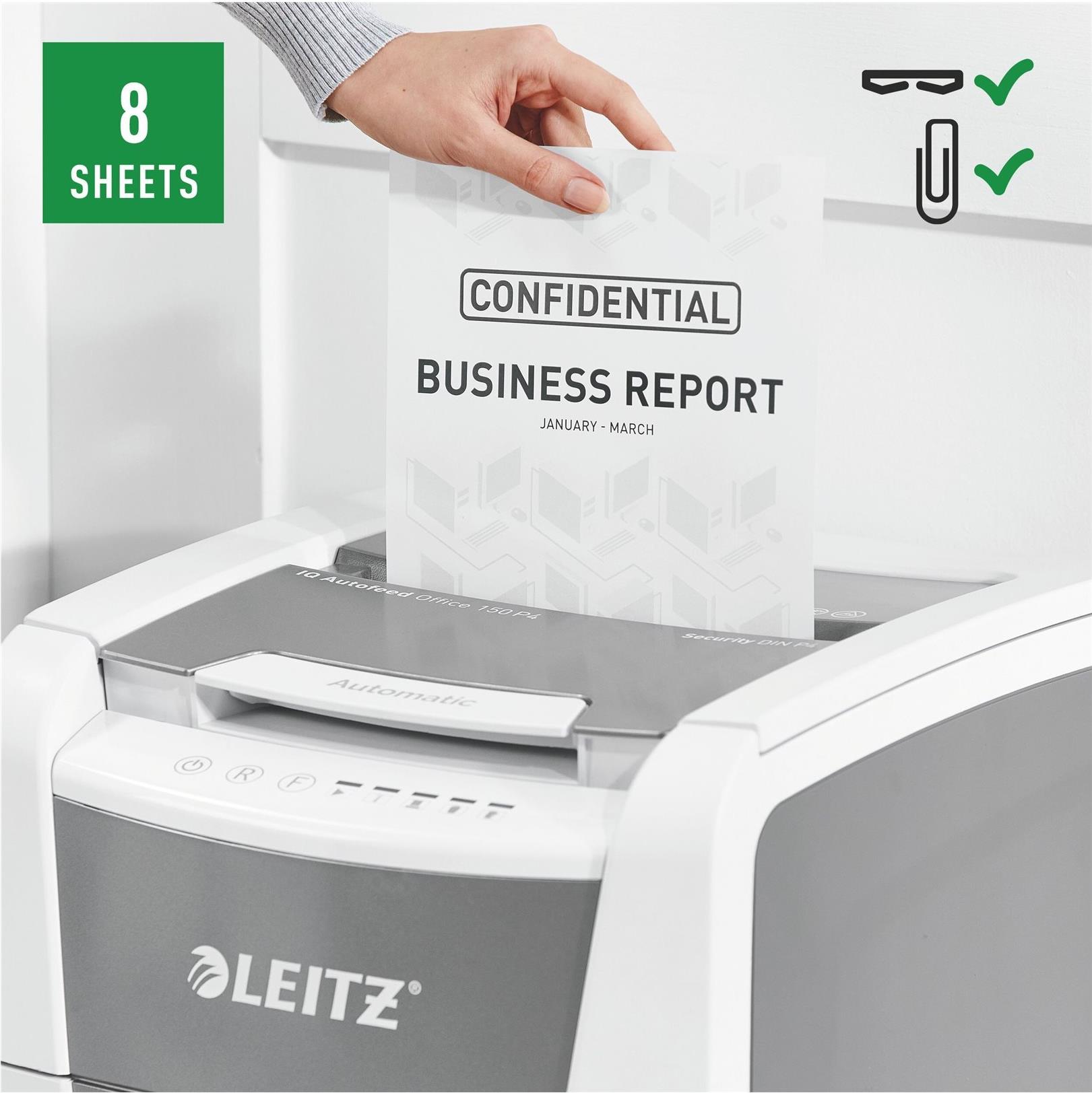 Leitz IQ AutoFeed Office 150 P4 Aktenvernichter Kreuzschnitt P4 Grau, Weiß