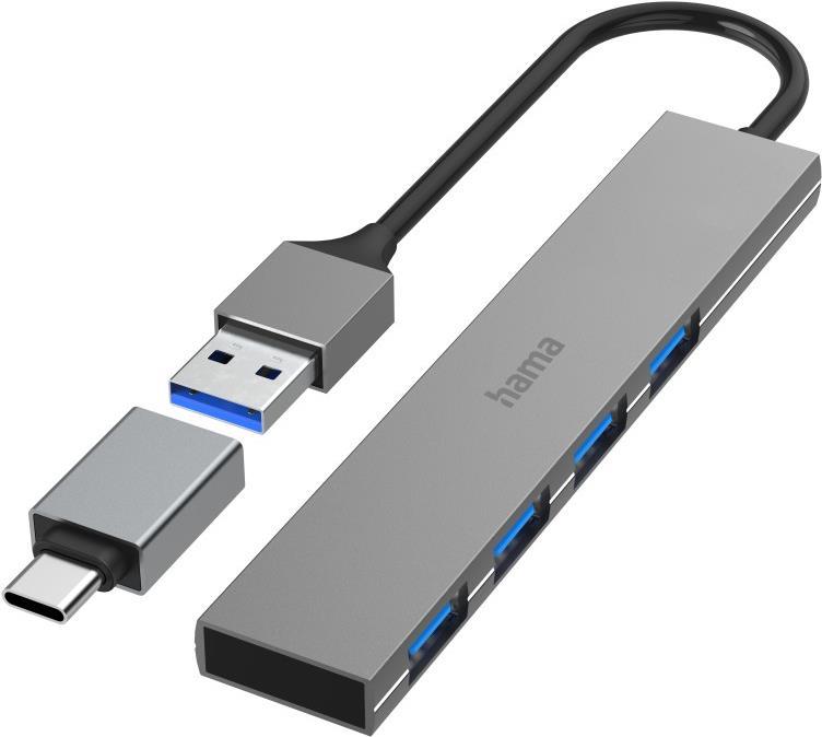 Hama USB-Hub, 4 Ports, USB 3.2 Gen1, 5 Gbit/s, Ultra Slim, inkl. USB-C-Adapter (00200141)