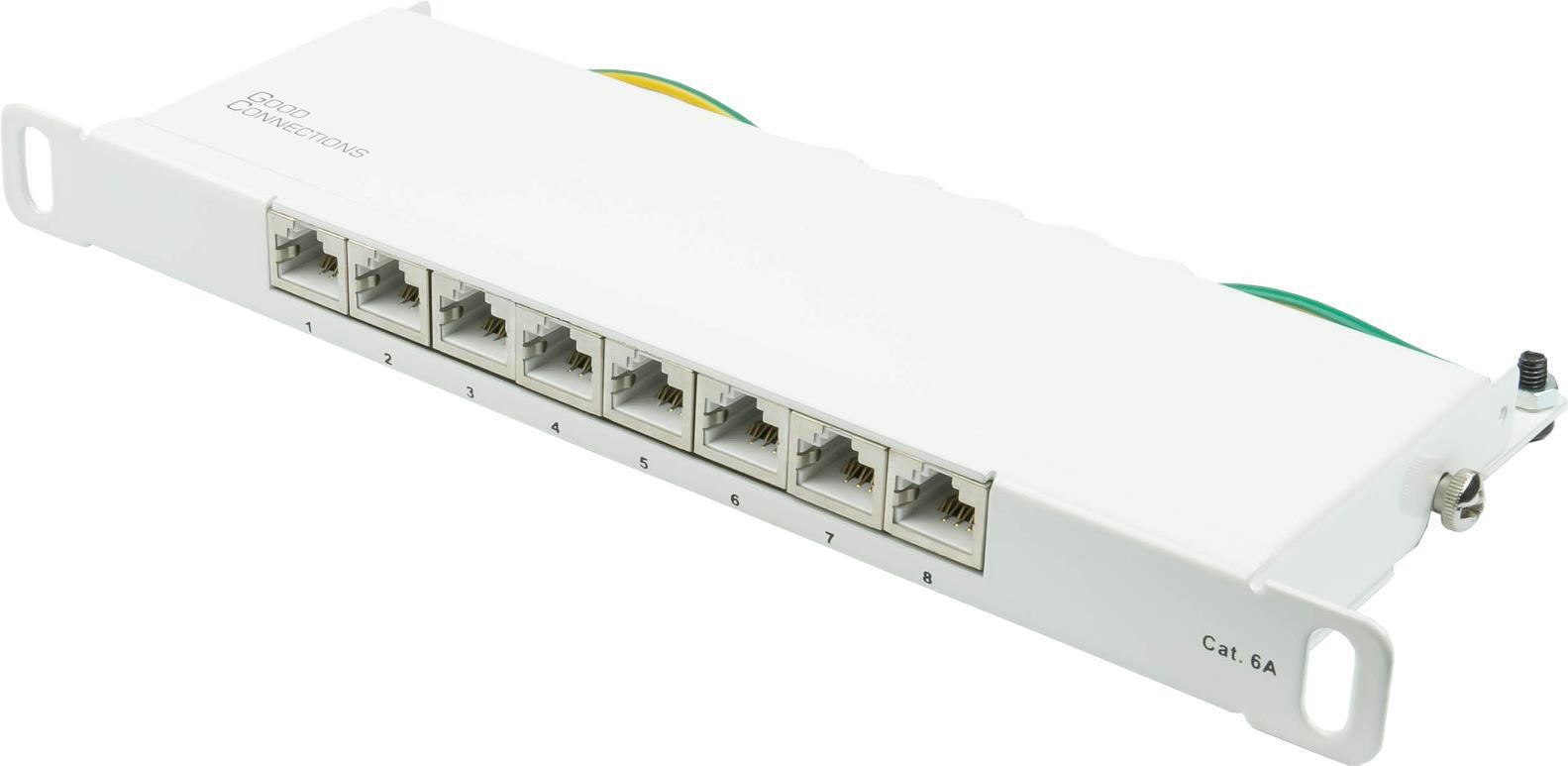 Patchpanel 25,40cm (10") Cat. 6A, 8-Port, 0,5 HE, STP geschirmt, werkzeugloses Öffnen, Reinweiß (RAL9010), Goo (GC-N0131)