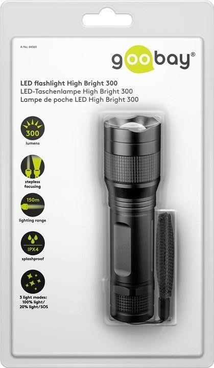 Goobay LED-Taschenlampe High Bright 300, Schwarz - ideal für Freizeit, Sport, Camping, Angeln, Jagd und Pannenhilfe (44560)