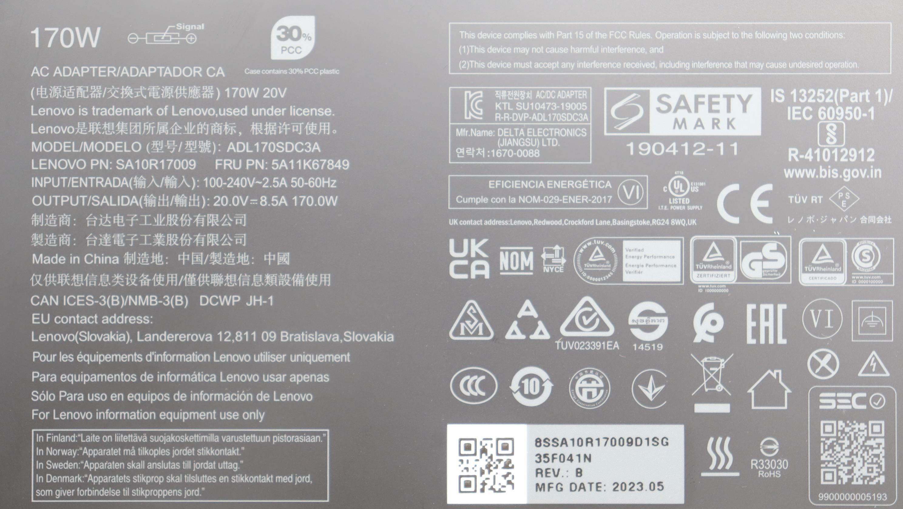 Lenovo Netzteil 5A11K67849 170 W Schwarz