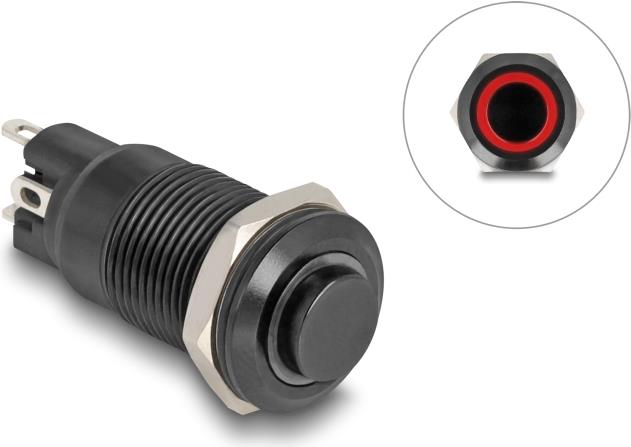 Delock Druckschalter zum Einbau schwarz 12 mm 12 V 4 x Lötanschluss LED rot (22014)
