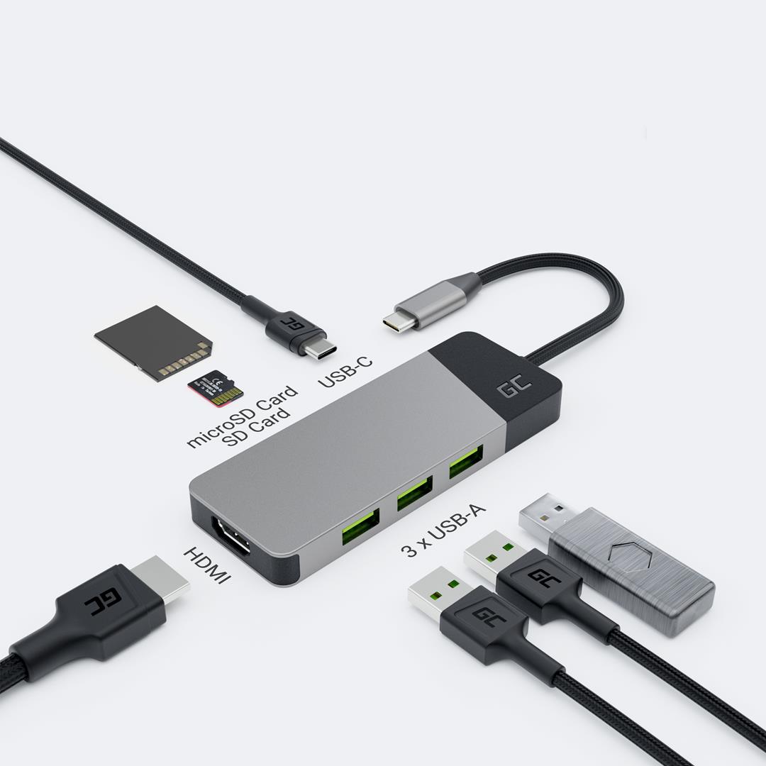 GREEN CELL HUB USB-C ADAPTER GC CONNECT 7W1 (3XUSB 3.1, HDMI 4K 60HZ, USB-C PD 85W, MICROSD/SD) (HUBGC01)