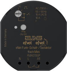 JUNG FM AS 10 UP. Produkttyp: Schaltaktor, Befestigungstyp: Unterputzmontiert, Frequenz: 868 MHz. Energiequelle: AC, Maximale Schaltleistung: 2300 W, Eingangsspannung: 230 V. Breite: 53 mm, Höhe: 28 mm (FMAS10UP)