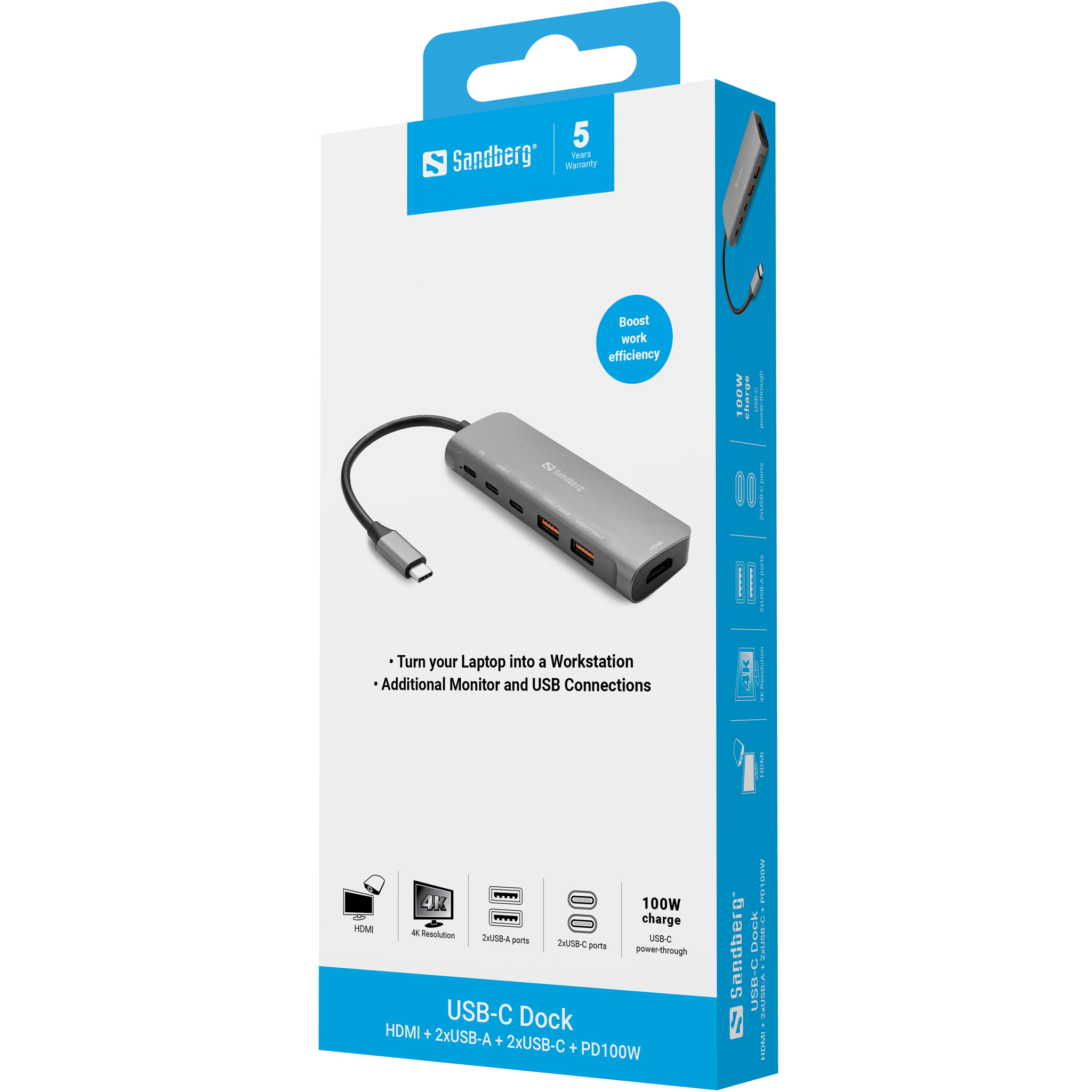 Sandberg USB-C Dockingstation HDMI 2xUSB-A 2xUSB-C PD100W Aluminium