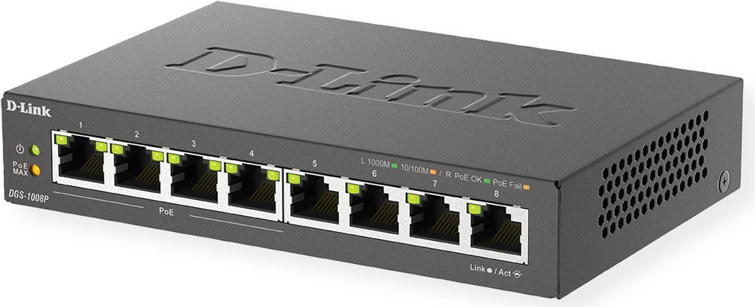 D-Link DGS 1008P Unmanaged Switch 8 Ports 4x PoE Gigabit Ethernet Schwarz