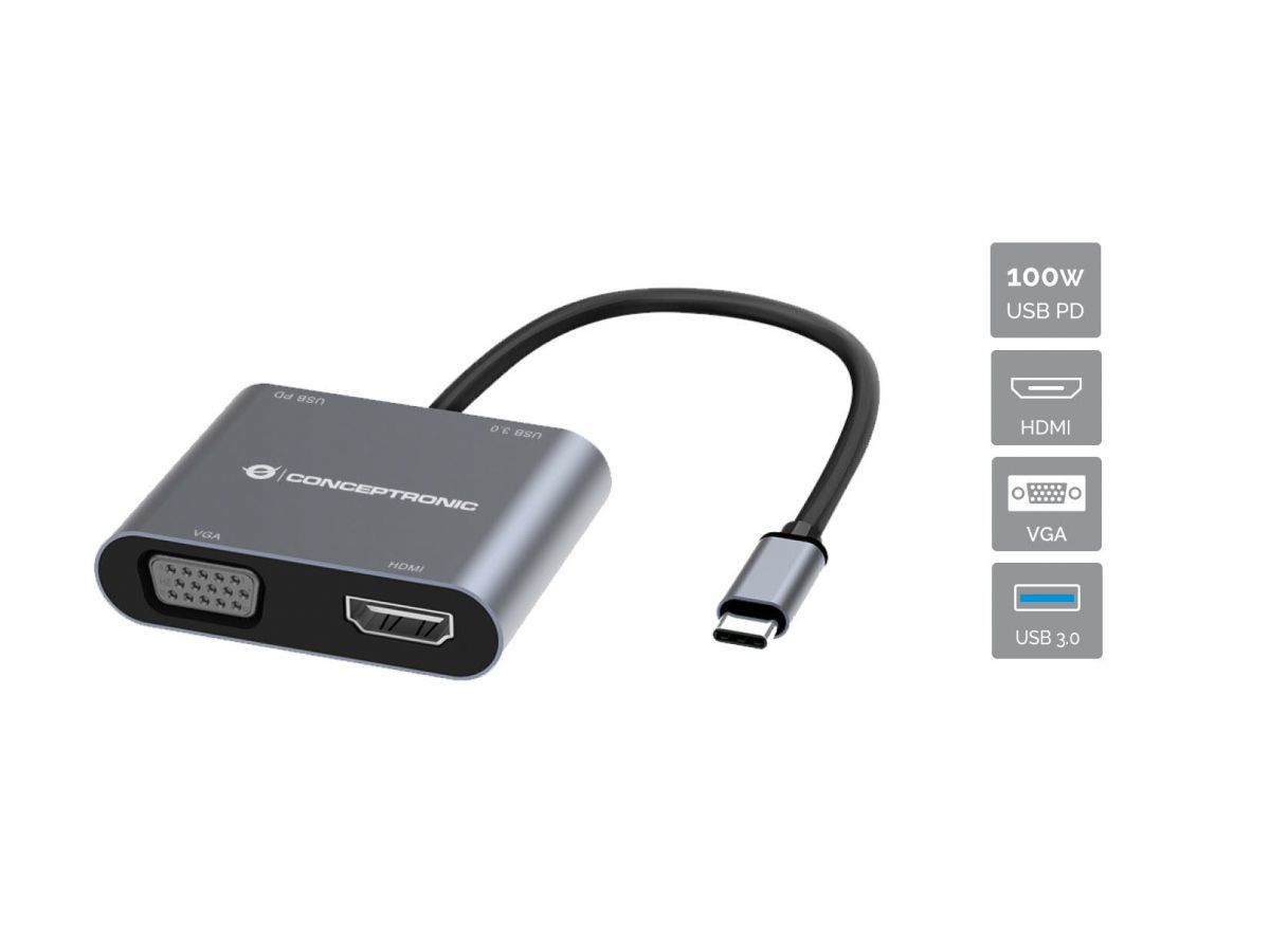Conceptronic DONN16G USB-C Dockingstation HDMI VGA Power Delivery 100 W Grau
