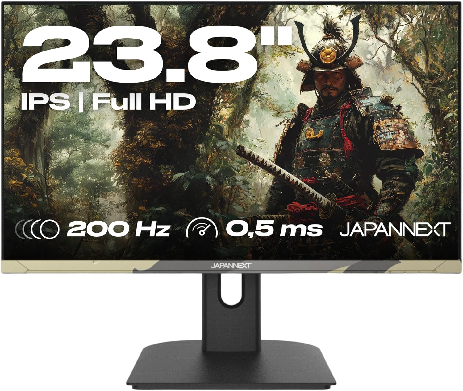 JAPANNEXT Gaming Monitor 23.8" IPS Full HD (1920x1080) 200Hz 0.5ms Camo | Höhen- & Neigungsverstellung (HSP) Integrierte Lautsprecher | 100% sRGB G-Sync/FreeSync (JN-IPS238FHD200F-HSP-CAMO)