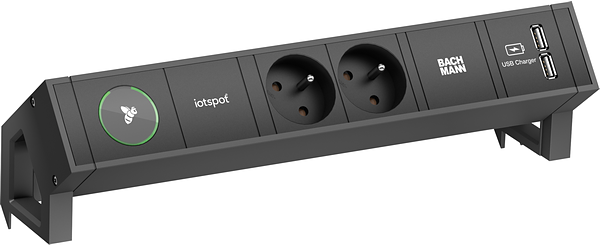 Bachmann DESK2 iotspot mit erhöhtem Berührungsschutz 1x iotspot 2x UTE Steckdosen Frankreich 35° schwarz 1xUSB Doppelcharger 5V/3,1A Zuleitung 0,2m H05VV-F3G1,5mm² schwarz mit GST18i3 Stecker Profil: Aluminium schwarz, ähnlich RAL 9005 mit Logo inkl. Halt (902.810)