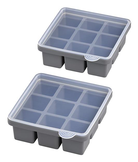 APS Eiswürfelbehälter mit Deckel 2er Set, Silikon spülmaschinengeeignet, 155x155x55 mm, transparent/grau