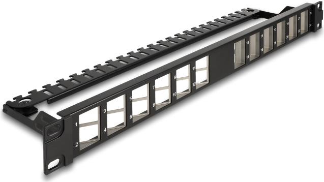 Delock 19" Keystone Patchpanel 24 Port gewinkelt mit Entlastungsschiene (67042)