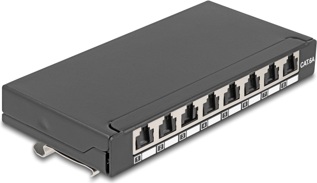 Delock Mini Desktop Patchpanel RJ45 Buchse 8 Port Cat.6A geschirmt schwarz - zur Montage an (90573)