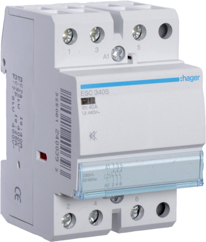 Hager Elektroinstallation. Kontakt Strombelastbarkeit: 40 A, Kabelquerschnitt: 4/16 mm², Temperaturbereich in Betrieb: -10 - 50 °C. AC Eingangsspannung: 230 V, AC Eingangsfrequenz: 50/60 Hz (ESC340S)