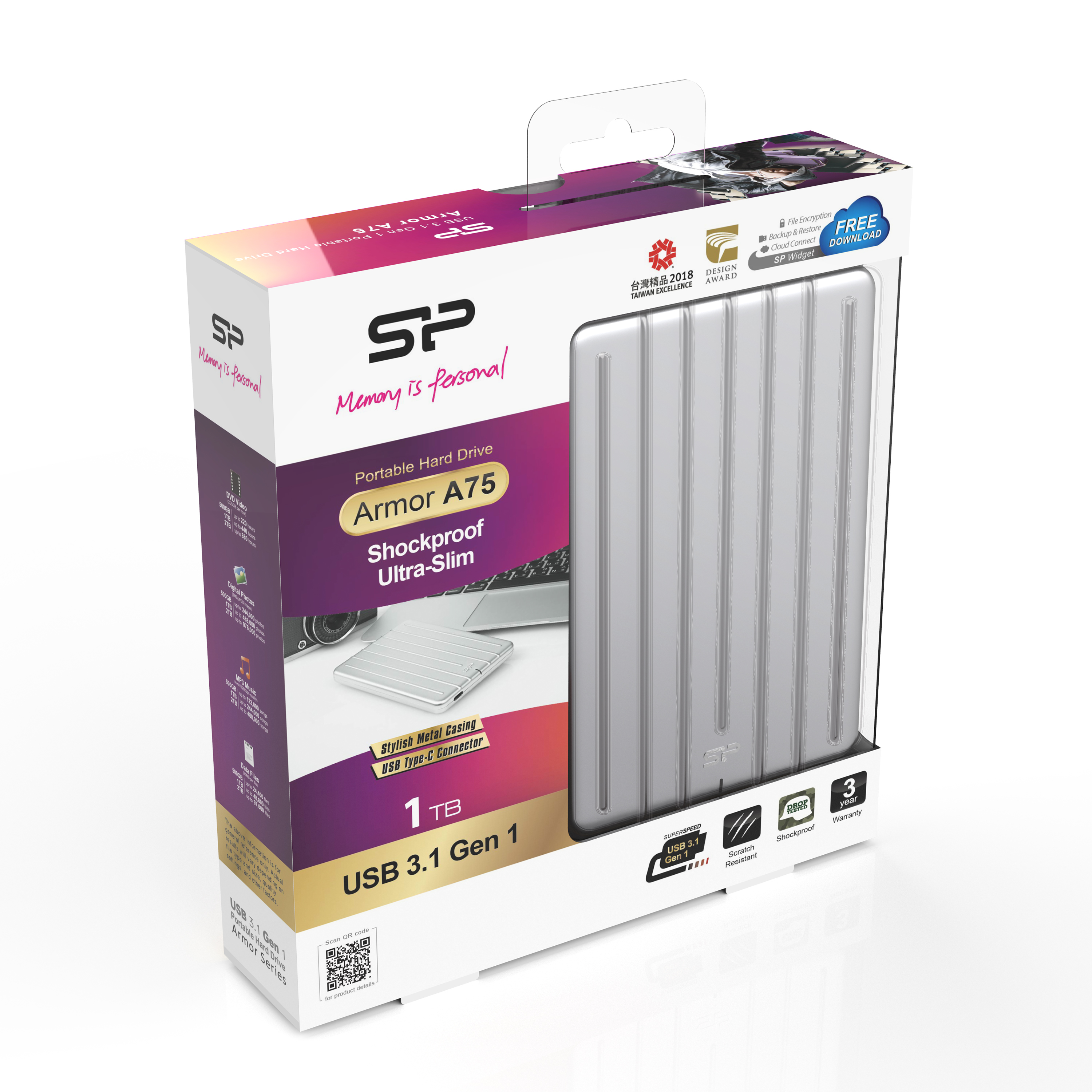 Silicon Power Armor A75 1 TB 2.5" Externe Festplatte USB 3.1 Gen 1 Silber