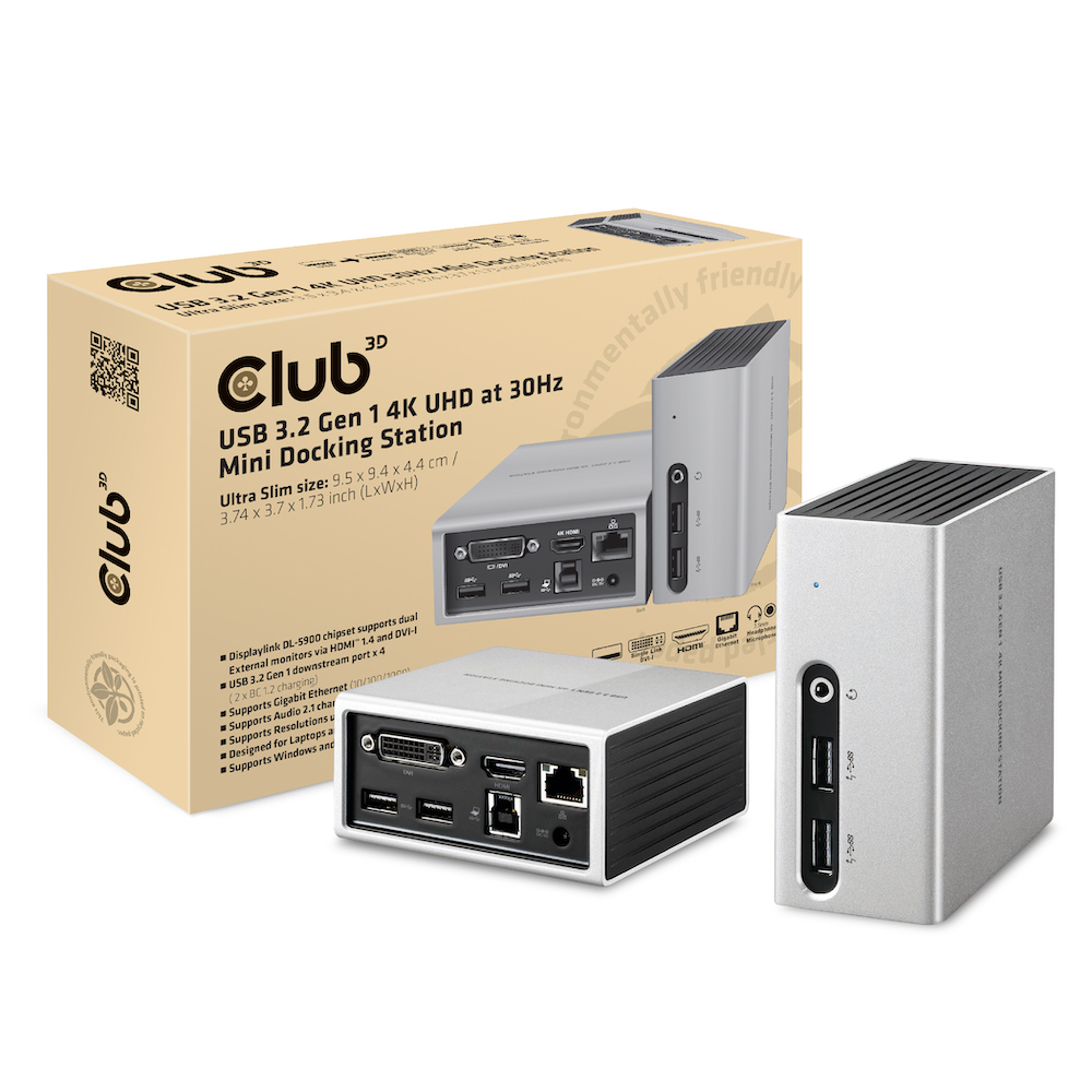Club 3D SenseVision USB 3.0 4K Mini Docking Station Schwarz, Silber