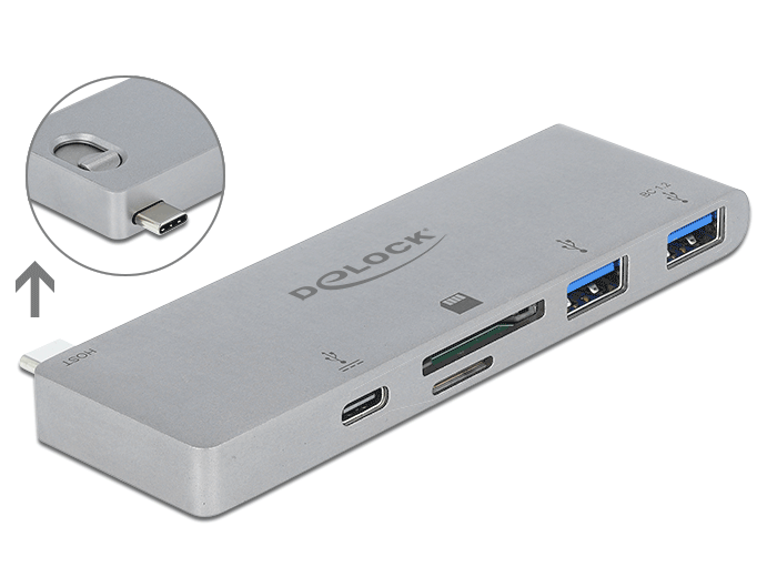 DeLock 3 Port Hub and 2 Slot Card Reader for MacBook with PD 3.0 and retractable USB Type-C Connection (64078)