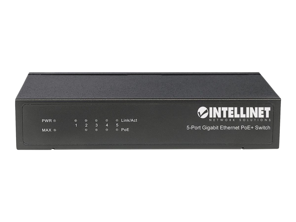 Intellinet 5-Port Gigabit Ethernet PoE+ Switch, 4x PoE+ 60 W, Desktop, Schwarz
