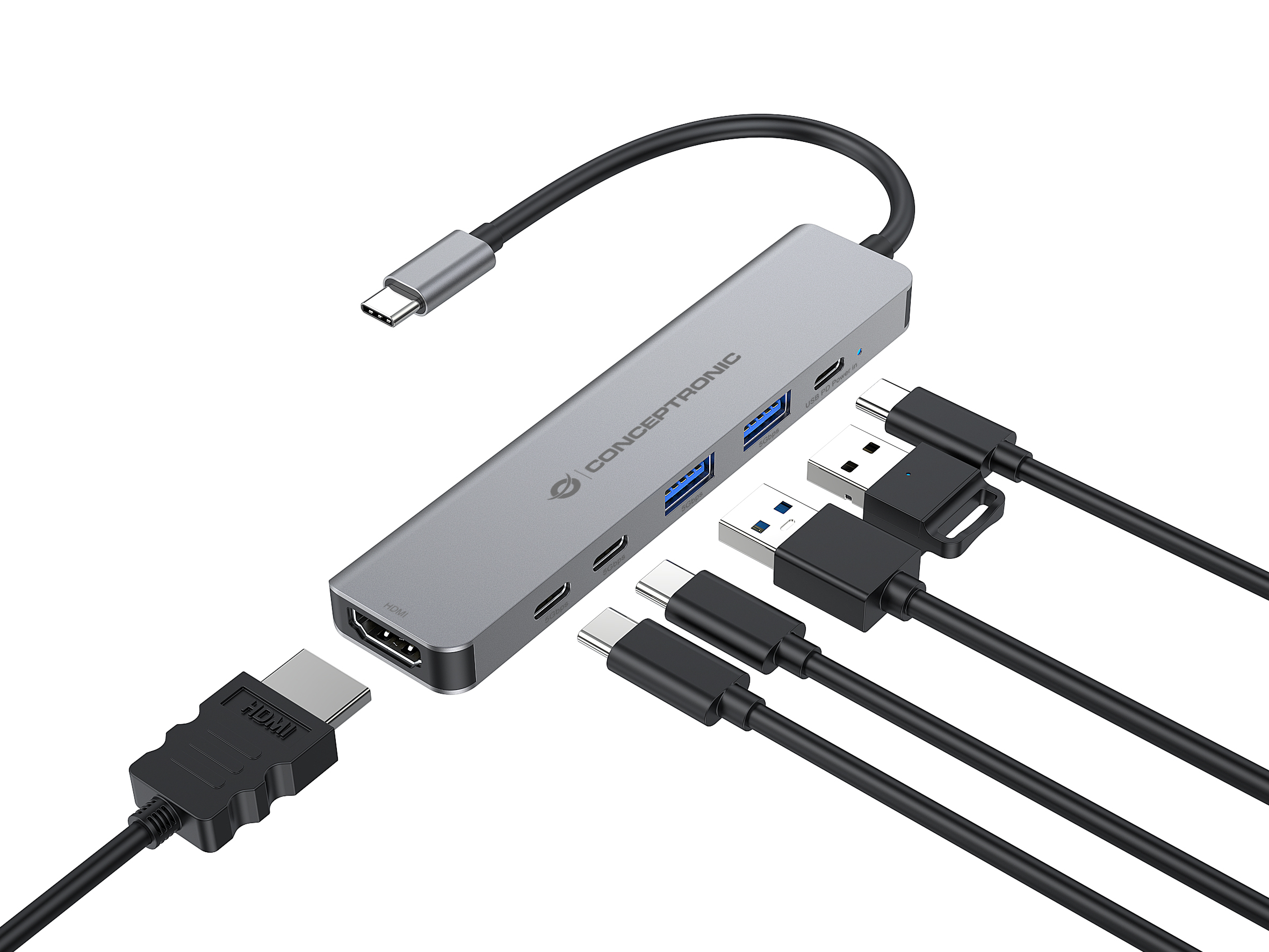Conceptronic DONN33G 6-in-1 Dockingstation HDMI 2x USB-A 2x USB-C Silber