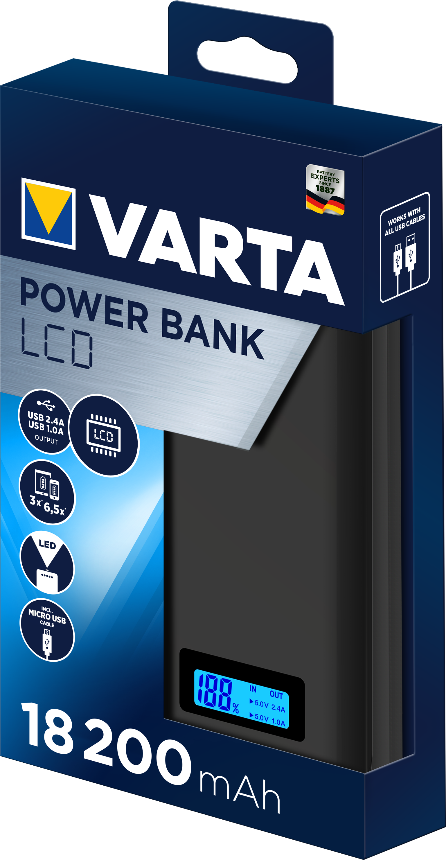 VARTA Portable LCD Power Bank 18200 +charging cable 18200mAh (57972101111)