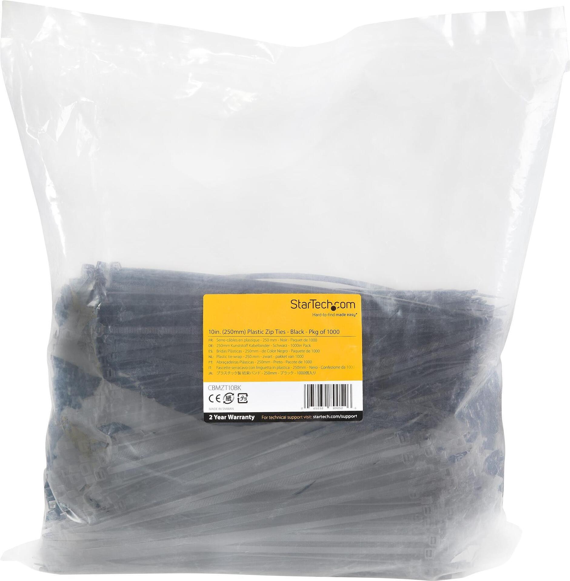 StarTech.com 25,40cm (10")(25cm) Cable Ties, 1/8"(4mm) wide, 2-5/8"(68mm) Bundle Diameter, 50lb(22kg) Tensile Strength, Nylon Self Locking Zip Ties w/Curved Tip, 94V-2/UL Listed, 1000 Pack, Black (CBMZT10BK)