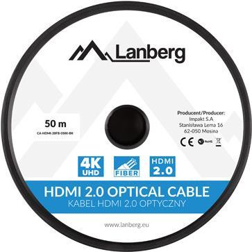 Lanberg CA-HDMI-20FB-0500-BK HDMI-Kabel 50 m HDMI Typ A (Standard) Schwarz - Silber (CA-HDMI-20FB-0500-BK)