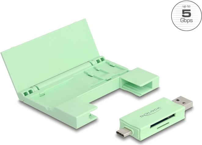 Delock Card Reader USB 5 Gbps USB Type-C™ / Typ-A für SD und Micro SD Speicherkarten mit praktischem Speicherkarten Etui - mint (91015)