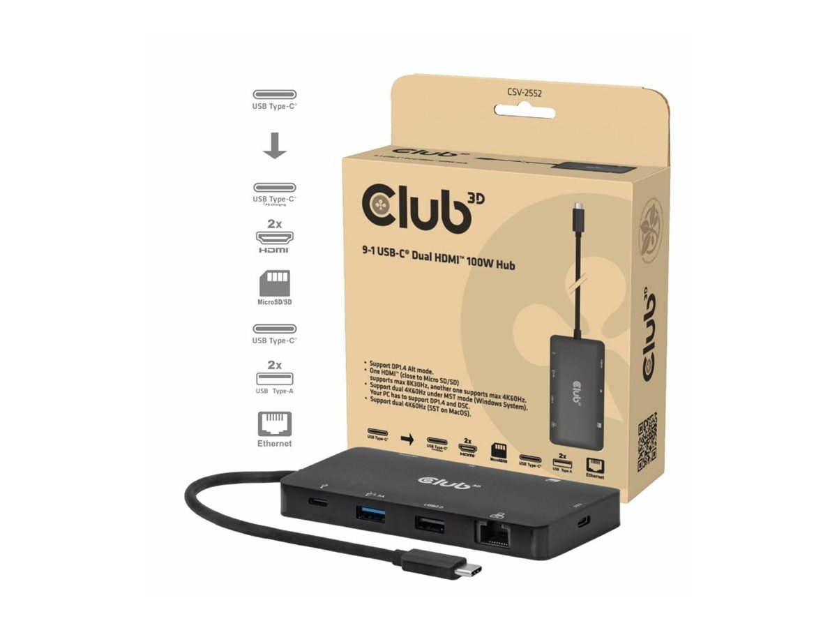 Club 3D CSV-2552 9-in-1 USB-C Hub Dual HDMI PD 100W Schwarz