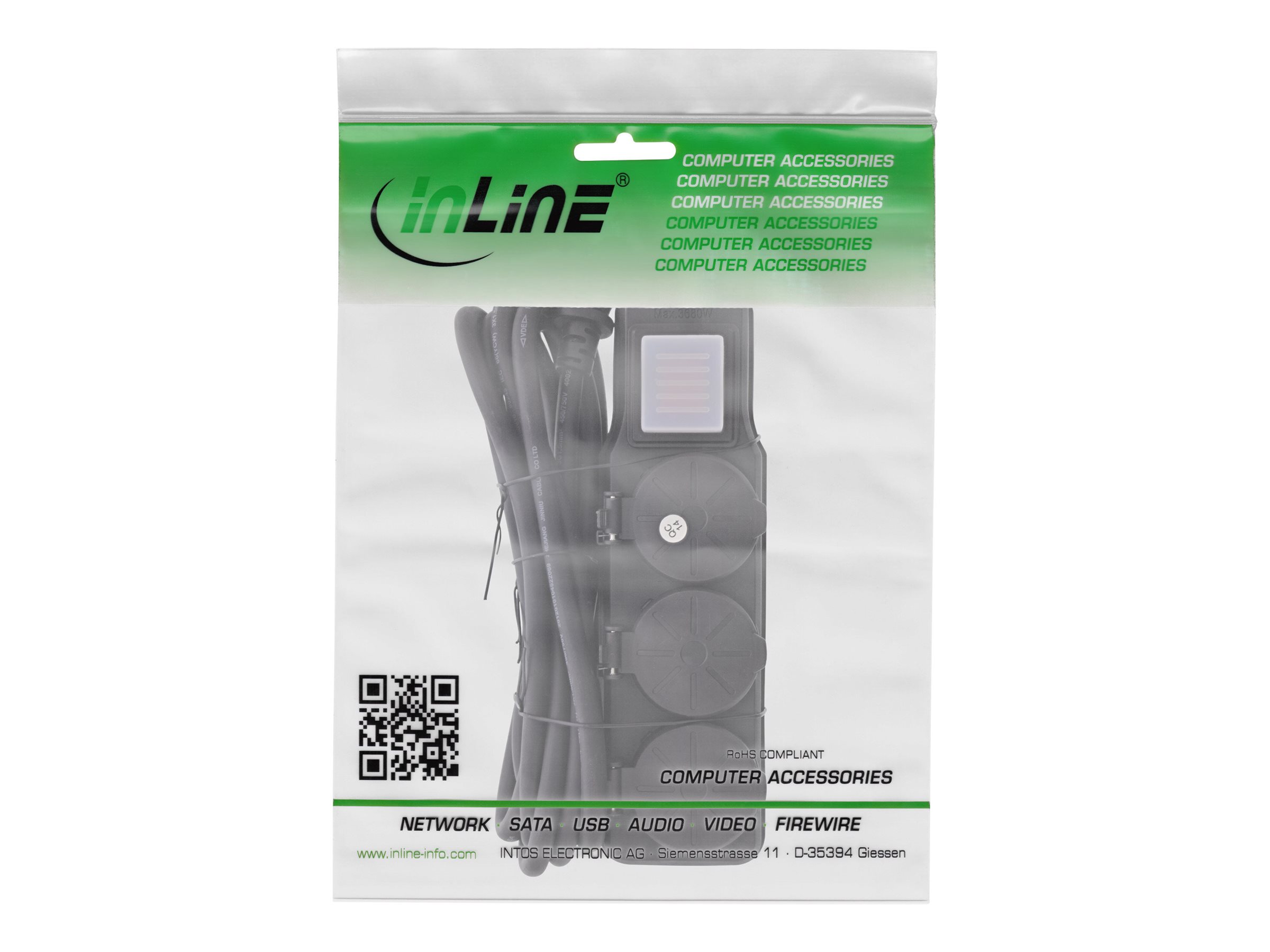 InLine Outdoor-Steckdosenleiste 3-fach Schutzkontakt IP44 mit Schalter 5 m Schwarz