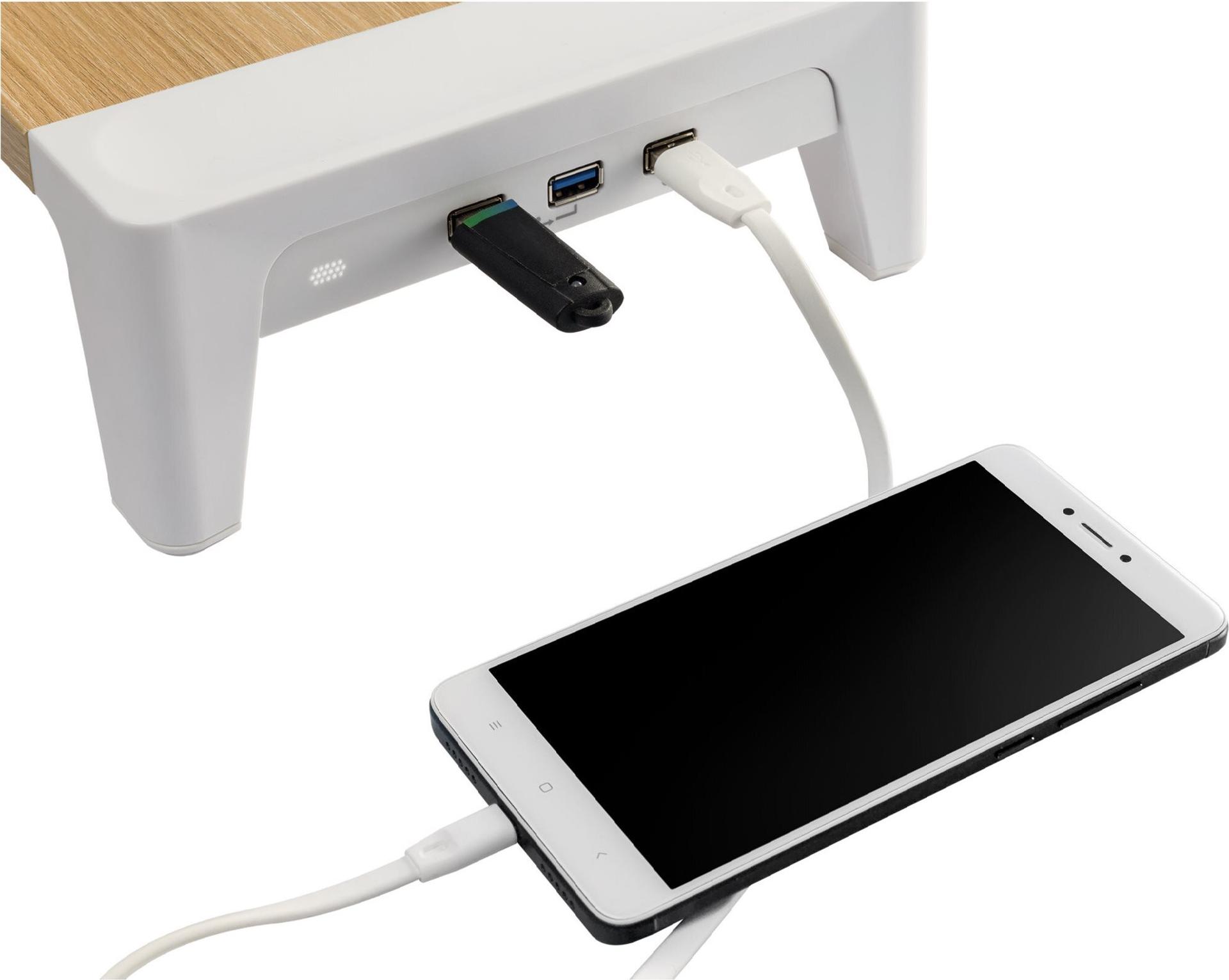 InLine Monitor Podest+ Monitorständer mit 2x USB 3.2 Gen1 und QC3, 80 mm, max. 15 kg, Braun/Weiß
