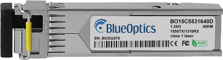 Juniper EX-SFP-GE40KT15R13 kompatibler BlueOptics© SFP Bidi Transceiver für Singlemode Gigabit Highspeed Datenübertragungen in Glasfaser Netzwerken. Unterstützt Gigabit Ethernet, Fibre Channel oder SONET/SDH Anwendungen in Switchen, Routern, Storage Syste (EX-SFP-GE40KT15R13-BO)