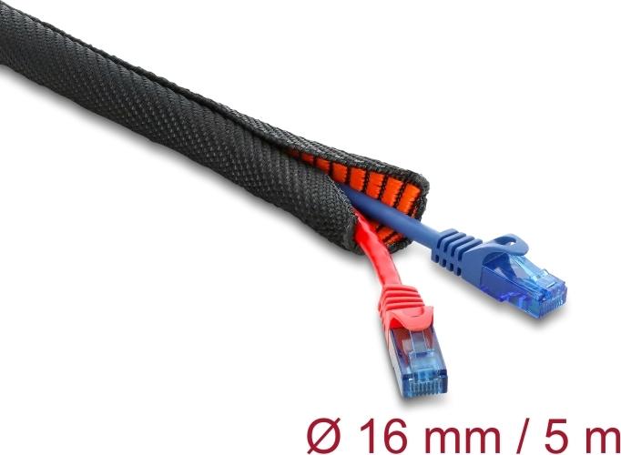 Delock Kabelschutzschlauch mit orangener Verschleißanzeige selbstschließend doppellagig 5 m x 16 mm schwarz (19021)