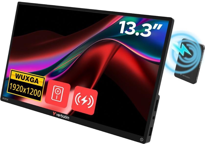 Verbatim Touch Monitor 13.3" (33,8 cm) Wireless Monitor - IPS, tragbar, Full HD, 1920 × 1200 (16:10), 60 Hz, Display: glänzend, 25 ms, FreeSync, Touchscreen, HDR, Lautsprecher, HDMI und USB-C (32087)