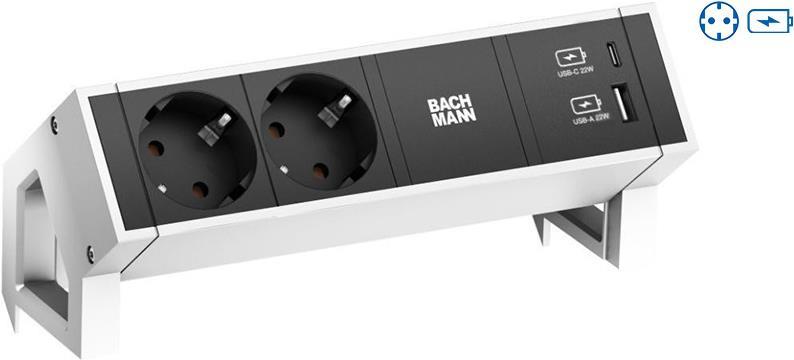 Bachmann DESK2 Steckdosenleiste, Farbe weiss, ähnlich RAL9010, 2xSchutzkontaktsteckdosen schwarz, 1xUSB A&C 22W Lader, Zuleitung 0,2m H05VV-F3G1,5mm² schwarz mit GST18i3 Stecker, inkl. Haltewinkel, verpackt im Karton (902.932)