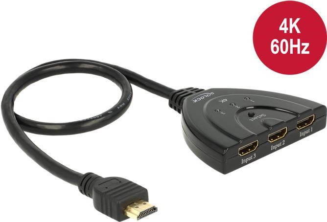 Delock HDMI UHD Switch 3 x HDMI in > 1 x HDMI out 4K mit integriertem Kabel 50 cm (18600)