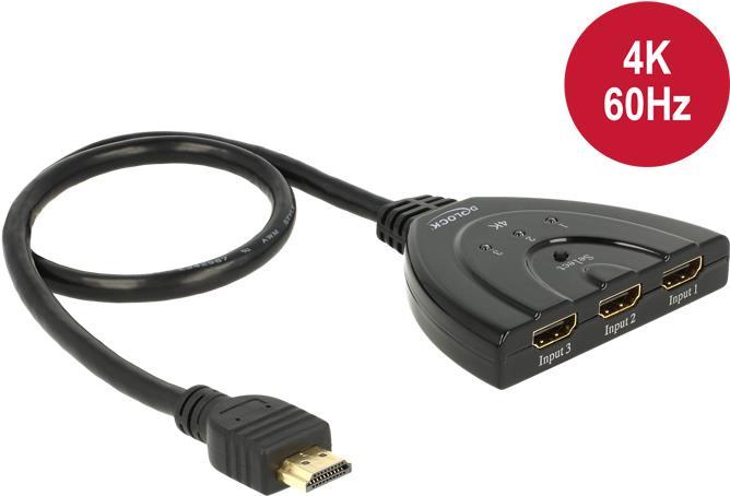 Image of Delock HDMI UHD Switch 3 x HDMI in > 1 x HDMI out 4K mit integriertem Kabel 50 cm (18600)
