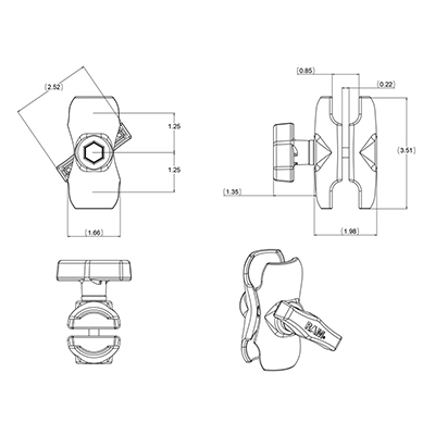 RAM RAM-201U-B Tragarm Doppelsockel C-Kugel Aluminium 90,4 mm Schwarz