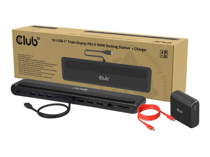 Club 3D CSV-2541 USB-C Dockingstation 12-in-1 2x HDMI DisplayPort 1.4 100W PD Schwarz