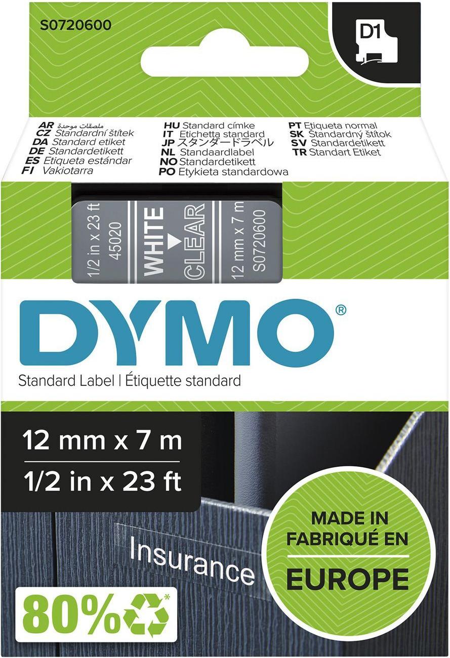 DYMO D1 Etikettenband weiß auf transparent 12 mm 7 m