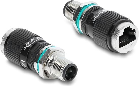 Delock M12 Adapter D-kodiert 4 Pin Stecker zu RJ45 Buchse zum Einbau rund gerade (90662)