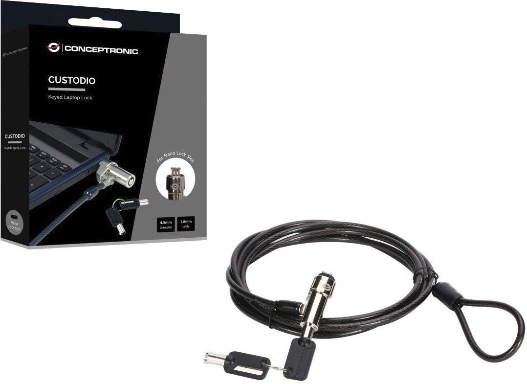 Conceptronic CUSTODIO02BN Sicherheitskabelschloss mit Schlüssel, Nano-Slot, 1,8 m, Schwarz