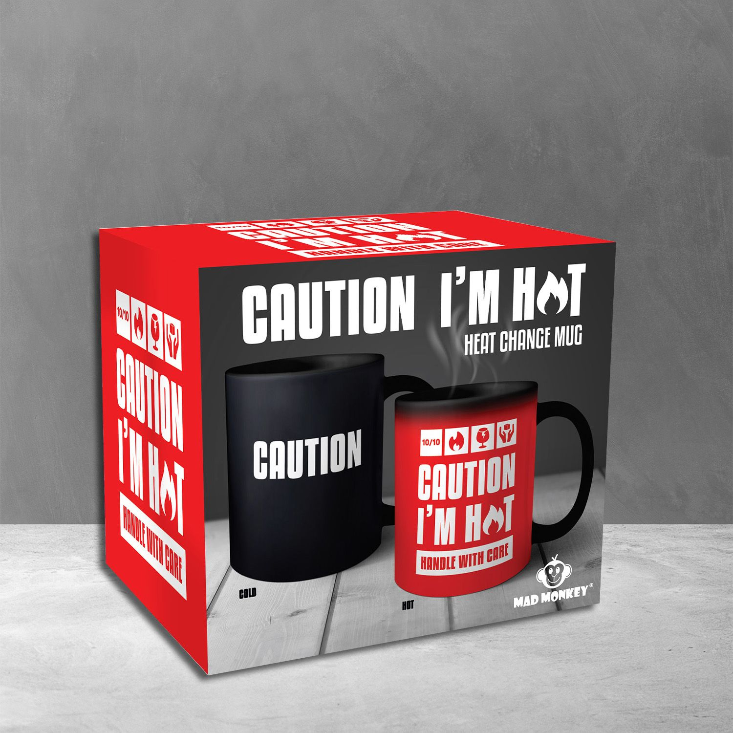Mad Monkey Tasse "Caution I am Hot" mit Farbwechsel 0,3 l Schwarz, Rot