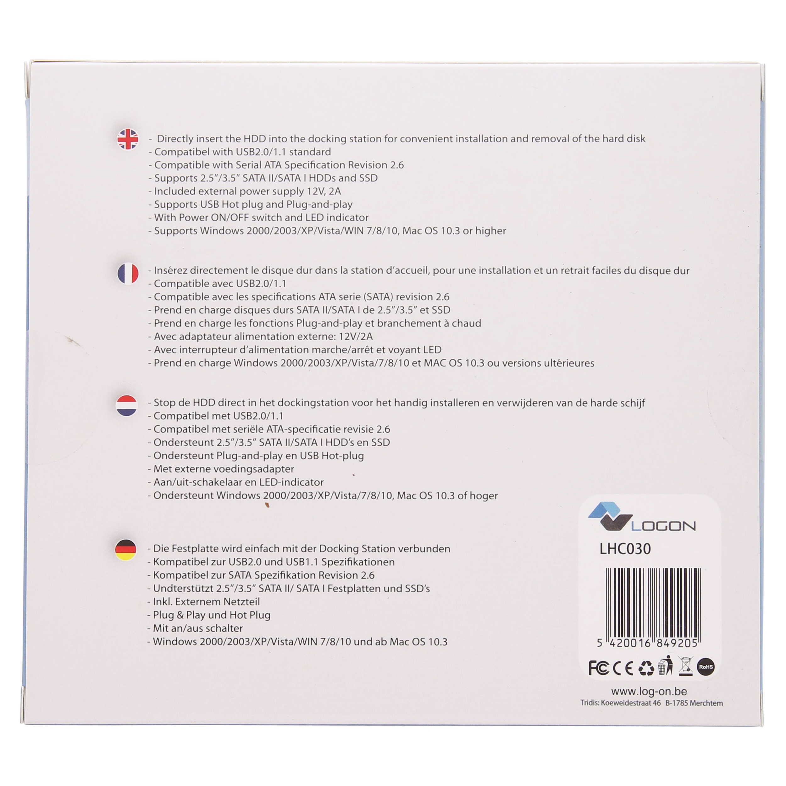 LOGON PROFESSIONAL LHC030 Festplattengehäuse 2,5"/3,5" HDD/SSD SATA USB 2.0 Type-B Schwarz, Silber