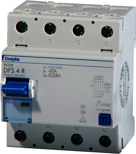 Doepke 09134911. Eingangsspannung: 150 - 250 V, Nennstrom: 40 A. Schutzschaltertyp: Residual-current device, Typ: A-type, Schaltleistung: 10000 A. Breite: 72 mm, Tiefe: 75 mm, Höhe: 85 mm (09134911)
