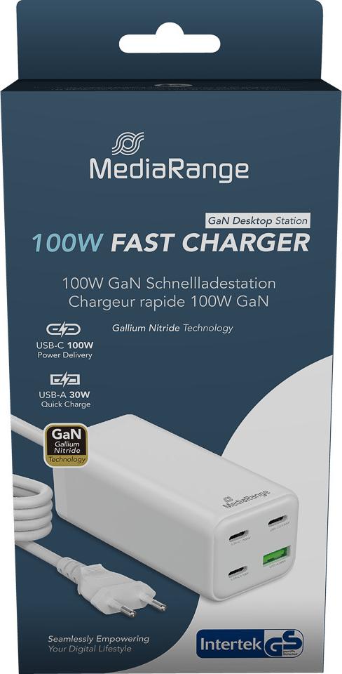 MediaRange Ladegerät 100W 4-Port 1x USB-A/3x USB-C GaN, weiß (MRMA124)