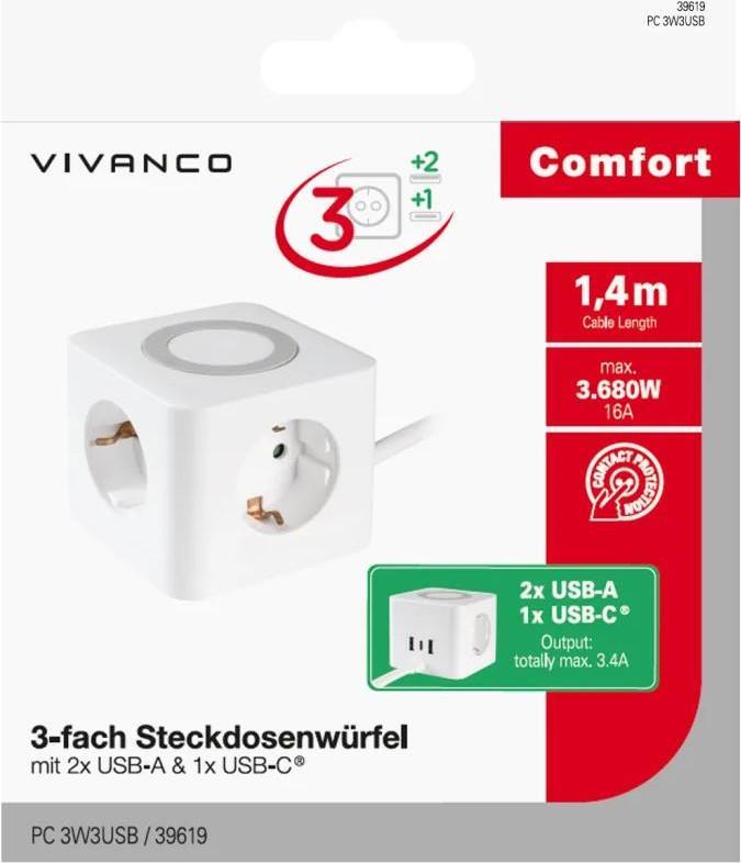 Vivanco 3-fach Steckdosenwürfel, Kunststoffgehäuse, Kabellänge: 1,4 m, 2 USB-Anschlüsse, USB-C-Ansch (39619)