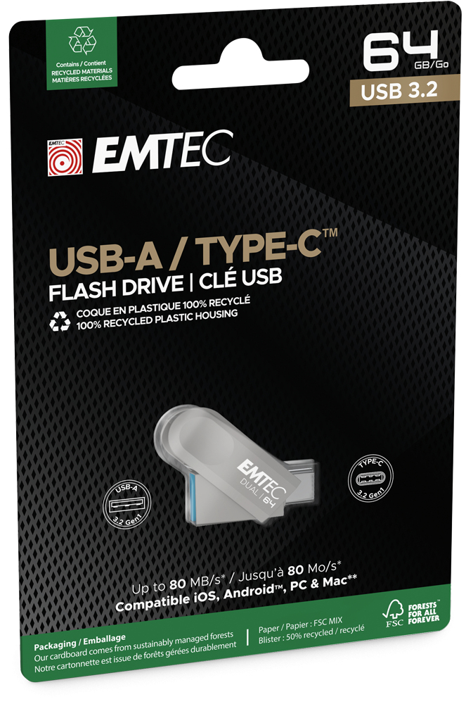 EMTEC Dual D280 USB-Stick 64 GB USB 3.2 Gen 1 USB-C Silber