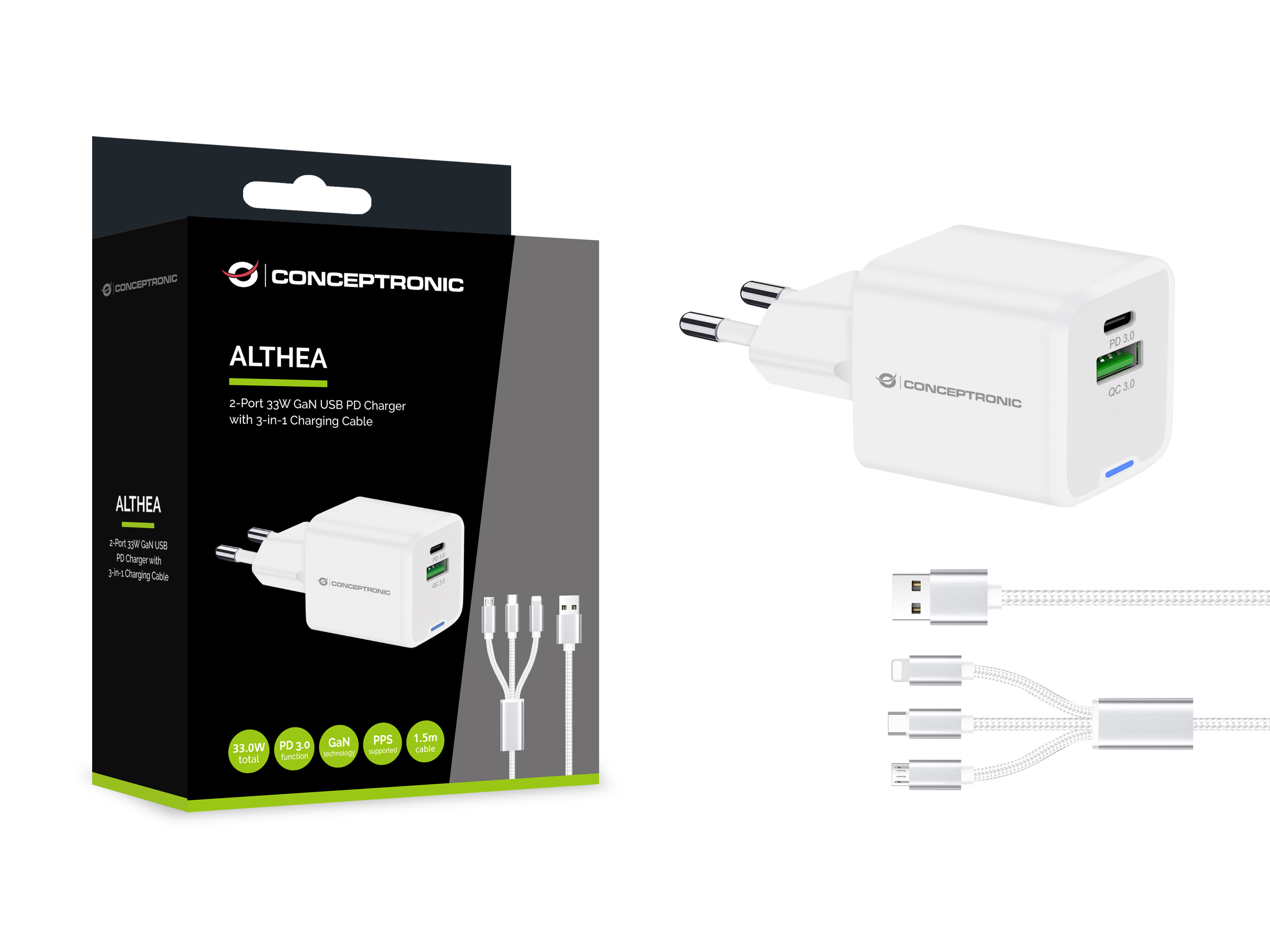 Conceptronic ALTHEA16W Ladegerät 33W 2-Port GaN USB-C USB-A Weiß